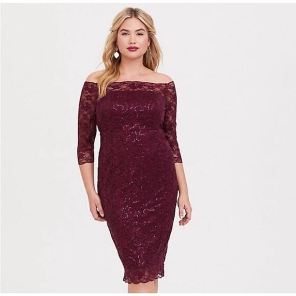 NWT Torrid Dress Size 18 Off the Shoulder Lace Sequin Cocktail Holiday Burgundy - Picture 1 of 11